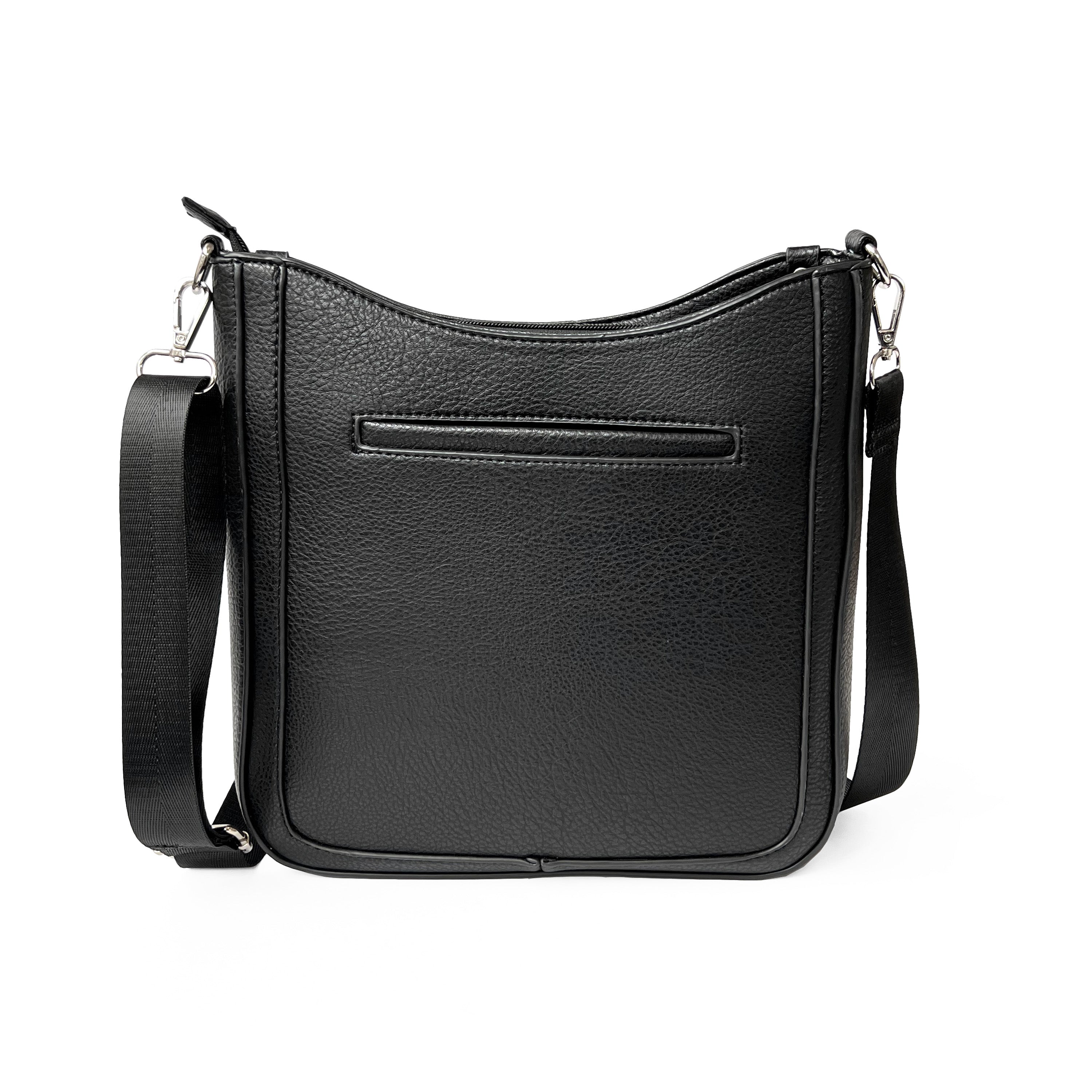 Stylish Crossbody bag with web strap made from pebble PU, featuring multiple pockets and silvertone hardware.