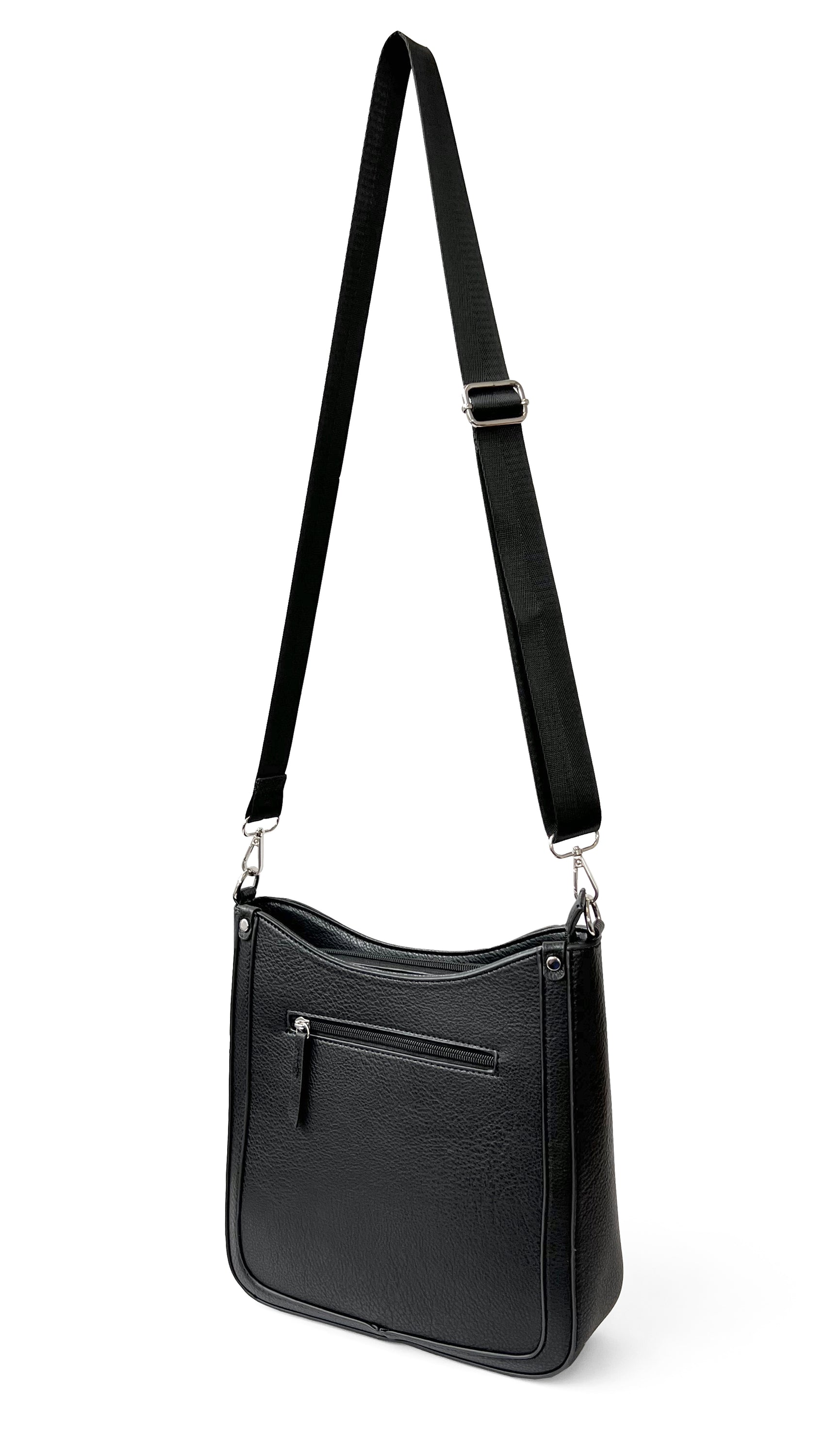 Stylish Crossbody bag with web strap made from pebble PU, featuring multiple pockets and silvertone hardware.