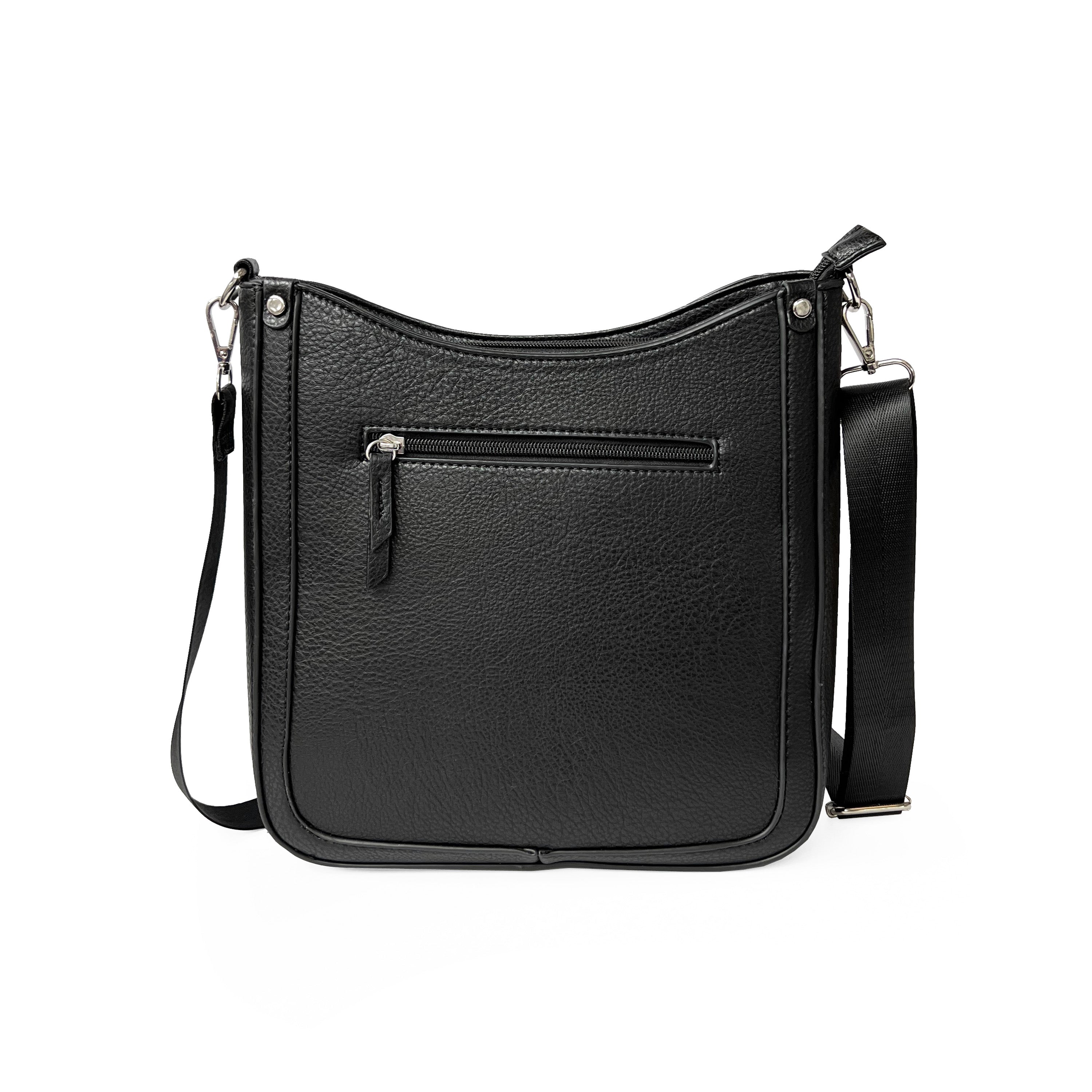 Stylish Crossbody bag with web strap made from pebble PU, featuring multiple pockets and silvertone hardware.