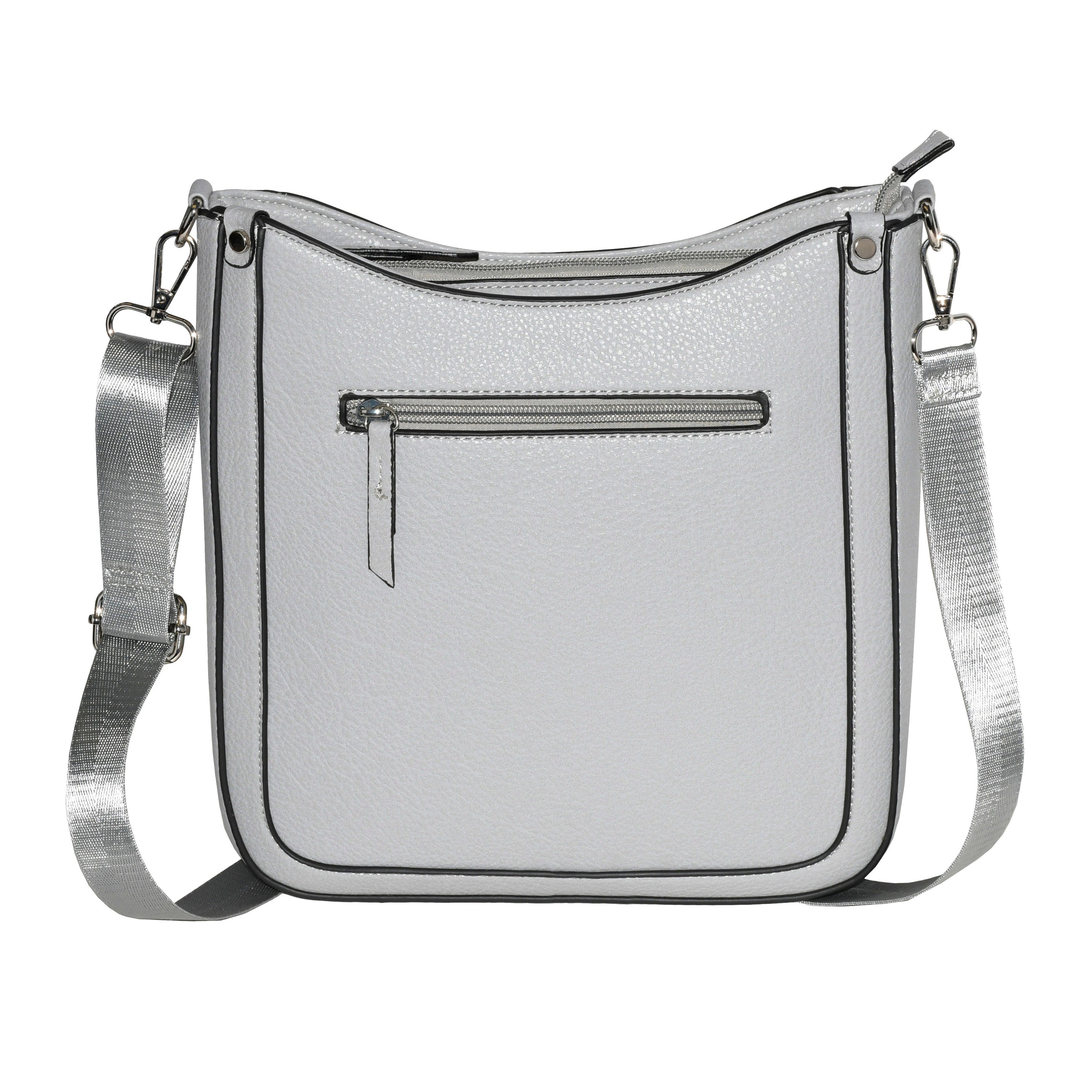 Stylish Crossbody bag with web strap made from pebble PU, featuring multiple pockets and silvertone hardware.