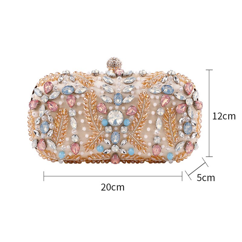 A luxurious champagne-colored crystal clutch bag adorned with rhinestones, perfect for weddings and formal events, featuring a floral pattern and a cell phone pocket.