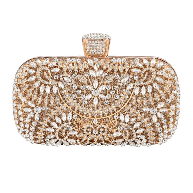 Luxurious Diamond Evening Clutch Bag for Women, featuring floral pattern and elegant diamond decoration, perfect for weddings and special occasions.