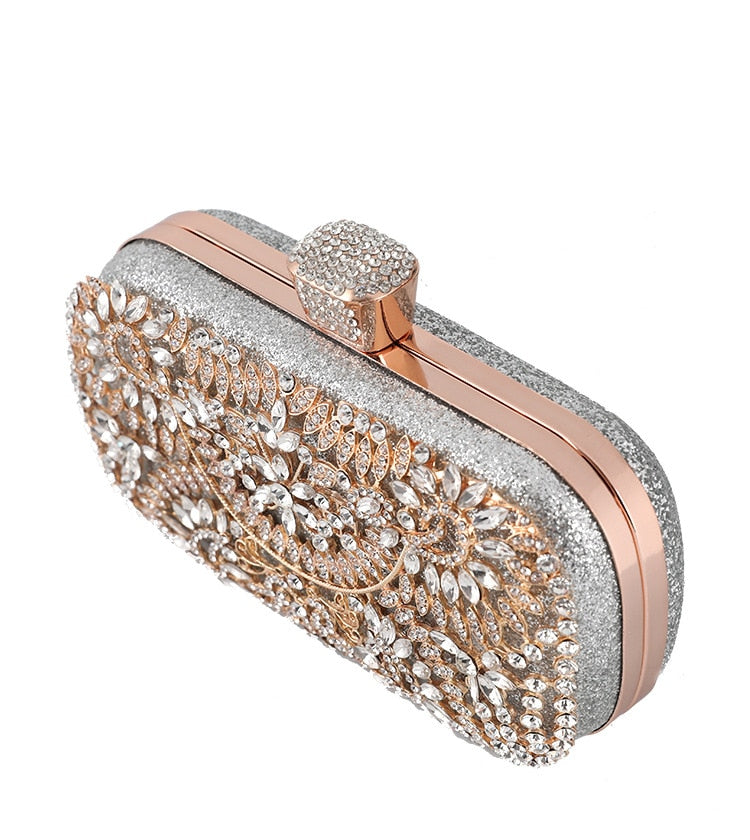 Luxurious Diamond Evening Clutch Bag for Women, featuring floral pattern and elegant diamond decoration, perfect for weddings and special occasions.