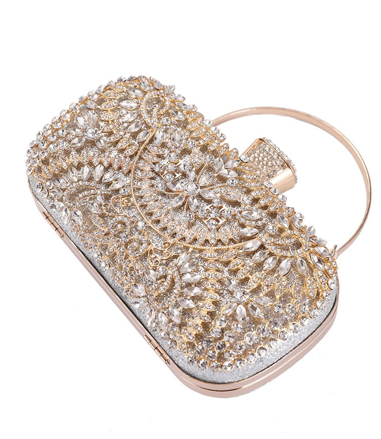 Luxurious Diamond Evening Clutch Bag for Women, featuring floral pattern and elegant diamond decoration, perfect for weddings and special occasions.