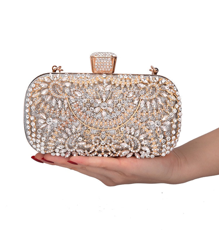 Luxurious Diamond Evening Clutch Bag for Women, featuring floral pattern and elegant diamond decoration, perfect for weddings and special occasions.