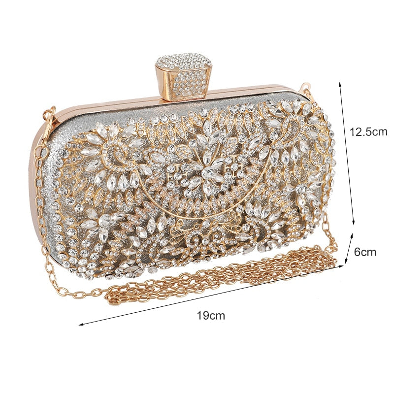 Luxurious Diamond Evening Clutch Bag for Women, featuring floral pattern and elegant diamond decoration, perfect for weddings and special occasions.