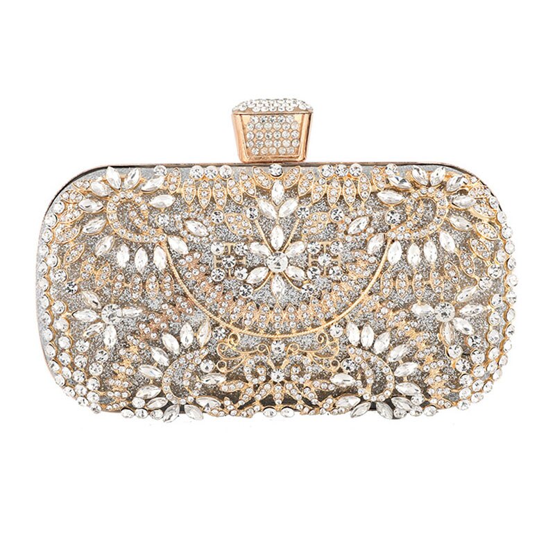 Luxurious Diamond Evening Clutch Bag for Women, featuring floral pattern and elegant diamond decoration, perfect for weddings and special occasions.