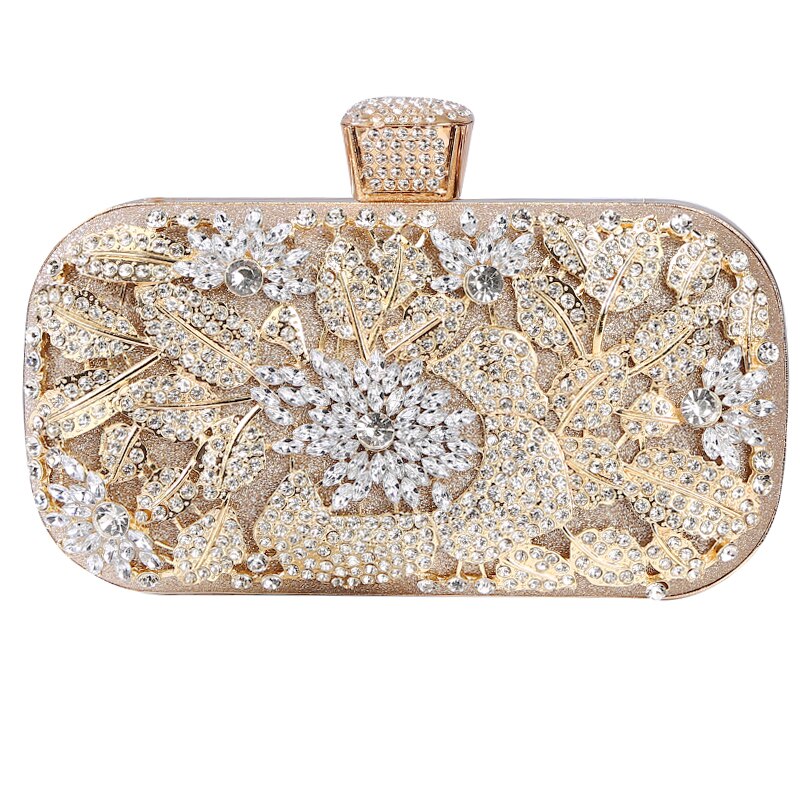 Luxurious Diamond Evening Clutch Bag for Women, featuring floral pattern and elegant diamond decoration, perfect for weddings and special occasions.