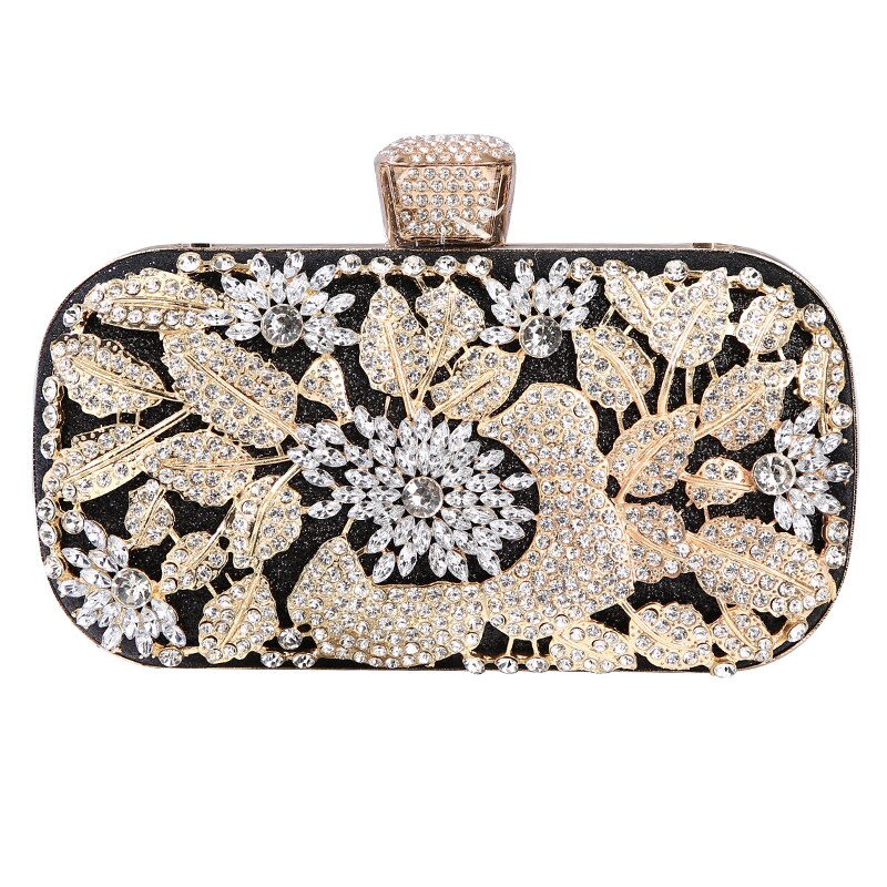 Luxurious Diamond Evening Clutch Bag for Women, featuring floral pattern and elegant diamond decoration, perfect for weddings and special occasions.