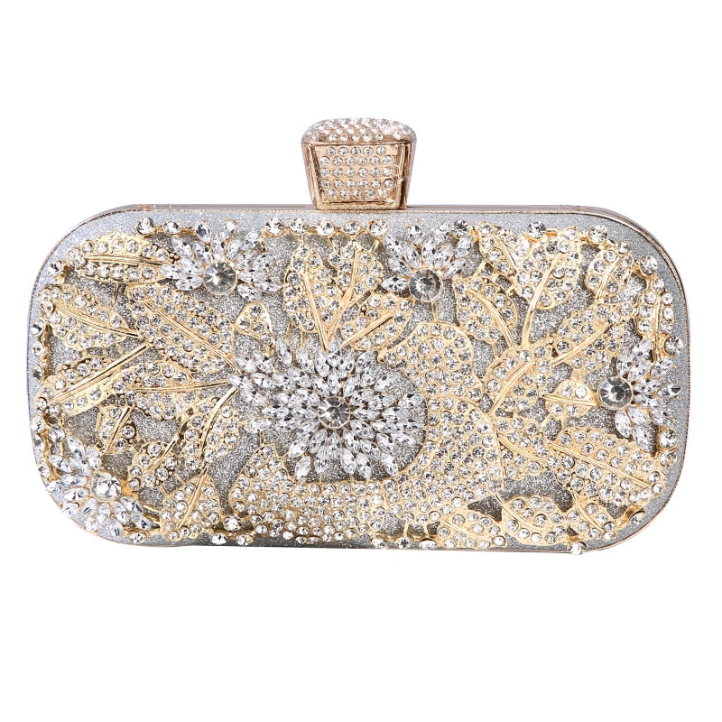 Luxurious Diamond Evening Clutch Bag for Women, featuring floral pattern and elegant diamond decoration, perfect for weddings and special occasions.