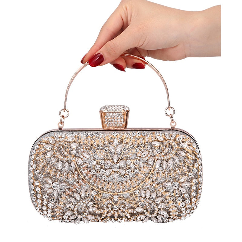 Luxurious Diamond Evening Clutch Bag for Women, featuring floral pattern and elegant diamond decoration, perfect for weddings and special occasions.