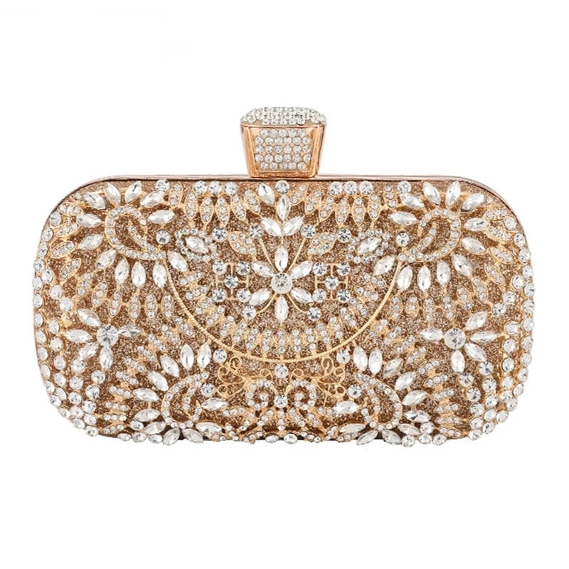 Luxurious Diamond Evening Clutch Bag for Women, featuring floral pattern and elegant diamond decoration, perfect for weddings and special occasions.