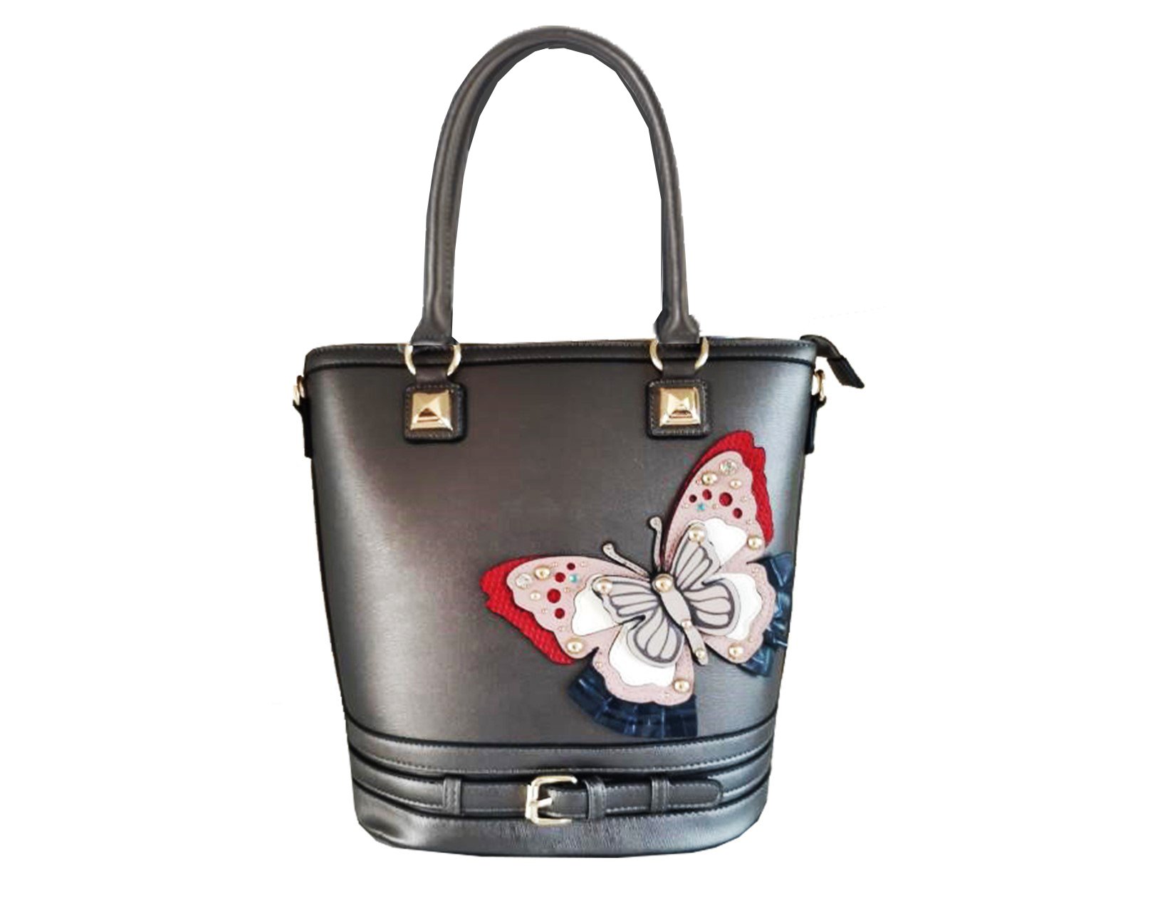 Dream Pewter Tote featuring a stylish butterfly design, zipper closure, and textured vegan leather.