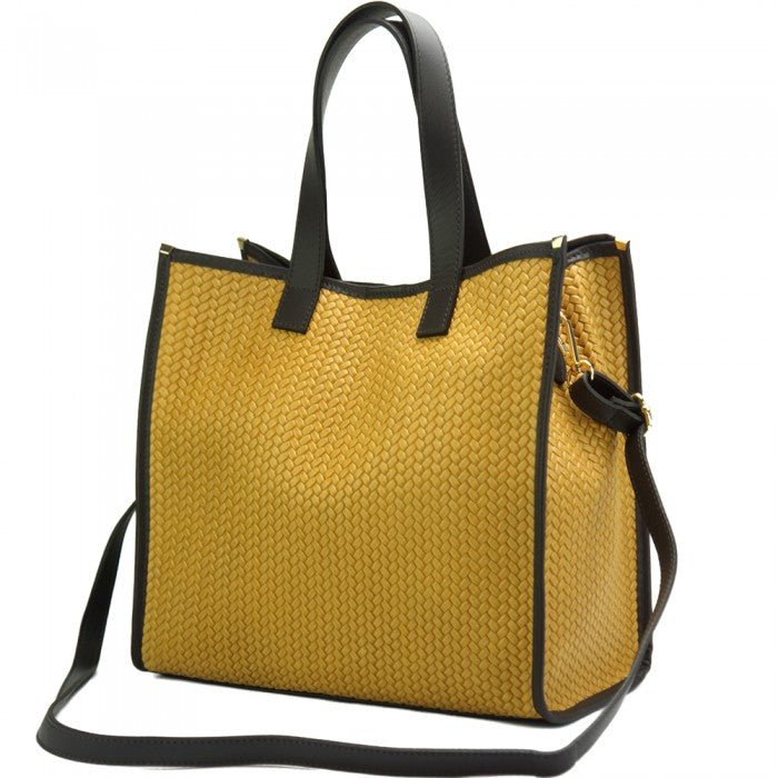 Emily Weave Tote in Yellow, crafted from natural calf-skin leather with straw design and gold hardware.