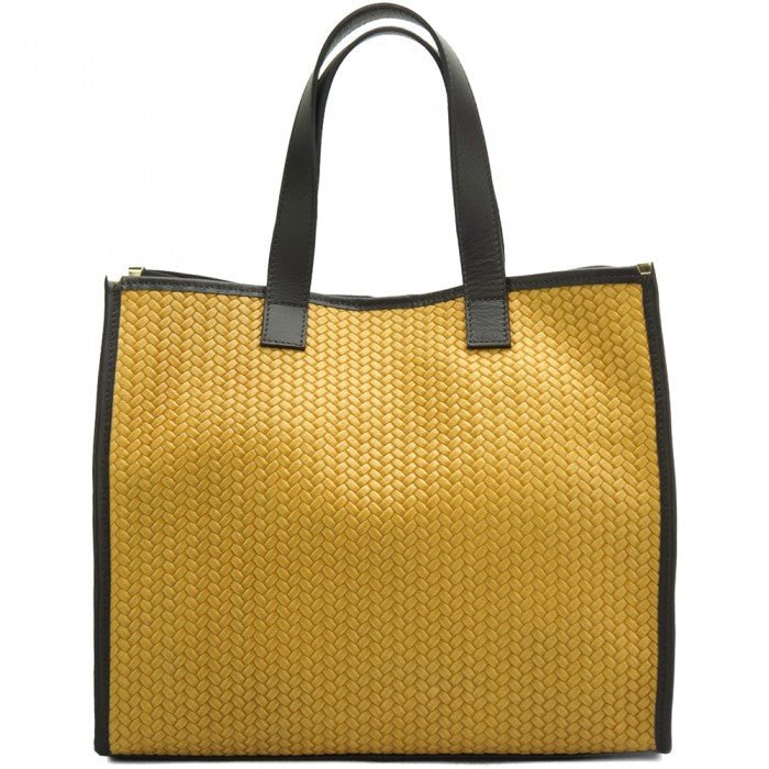 Emily Weave Tote in Yellow, crafted from natural calf-skin leather with straw design and gold hardware.