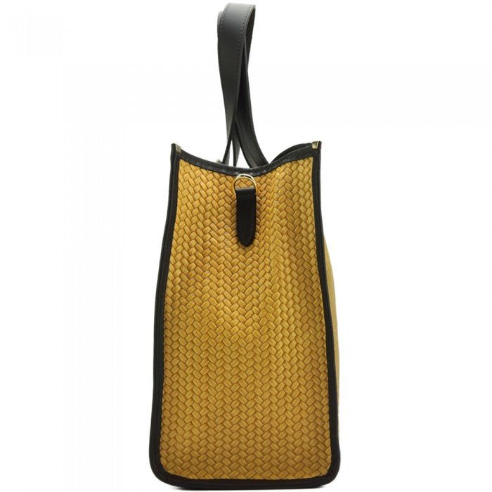 Emily Weave Tote in Yellow, crafted from natural calf-skin leather with straw design and gold hardware.