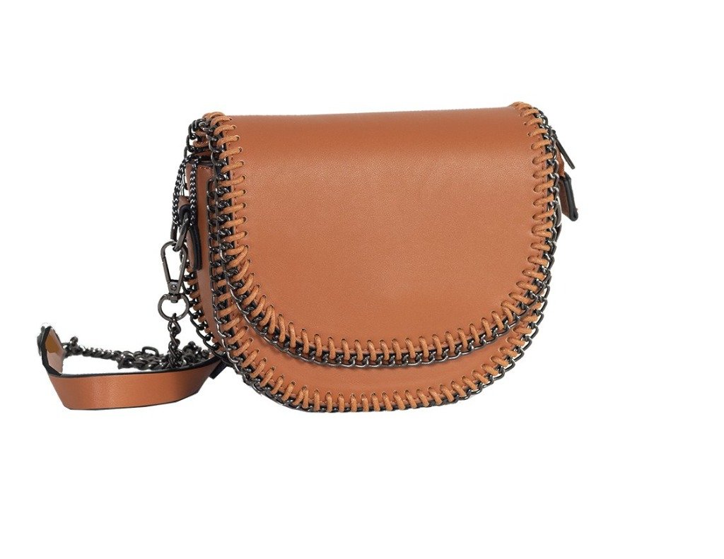 ESTEE Brown Crossbody Bag featuring whipstitch detail and front snap closure, showcasing adjustable shoulder strap.