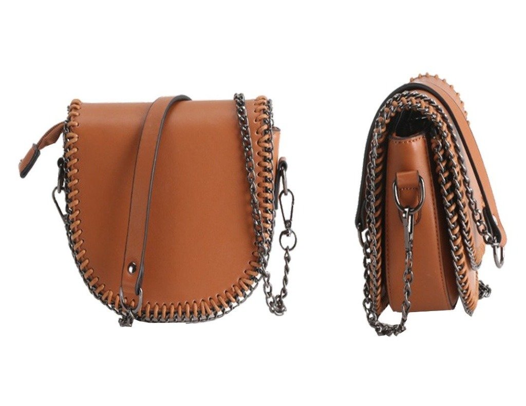 ESTEE Brown Crossbody Bag featuring whipstitch detail and front snap closure, showcasing adjustable shoulder strap.