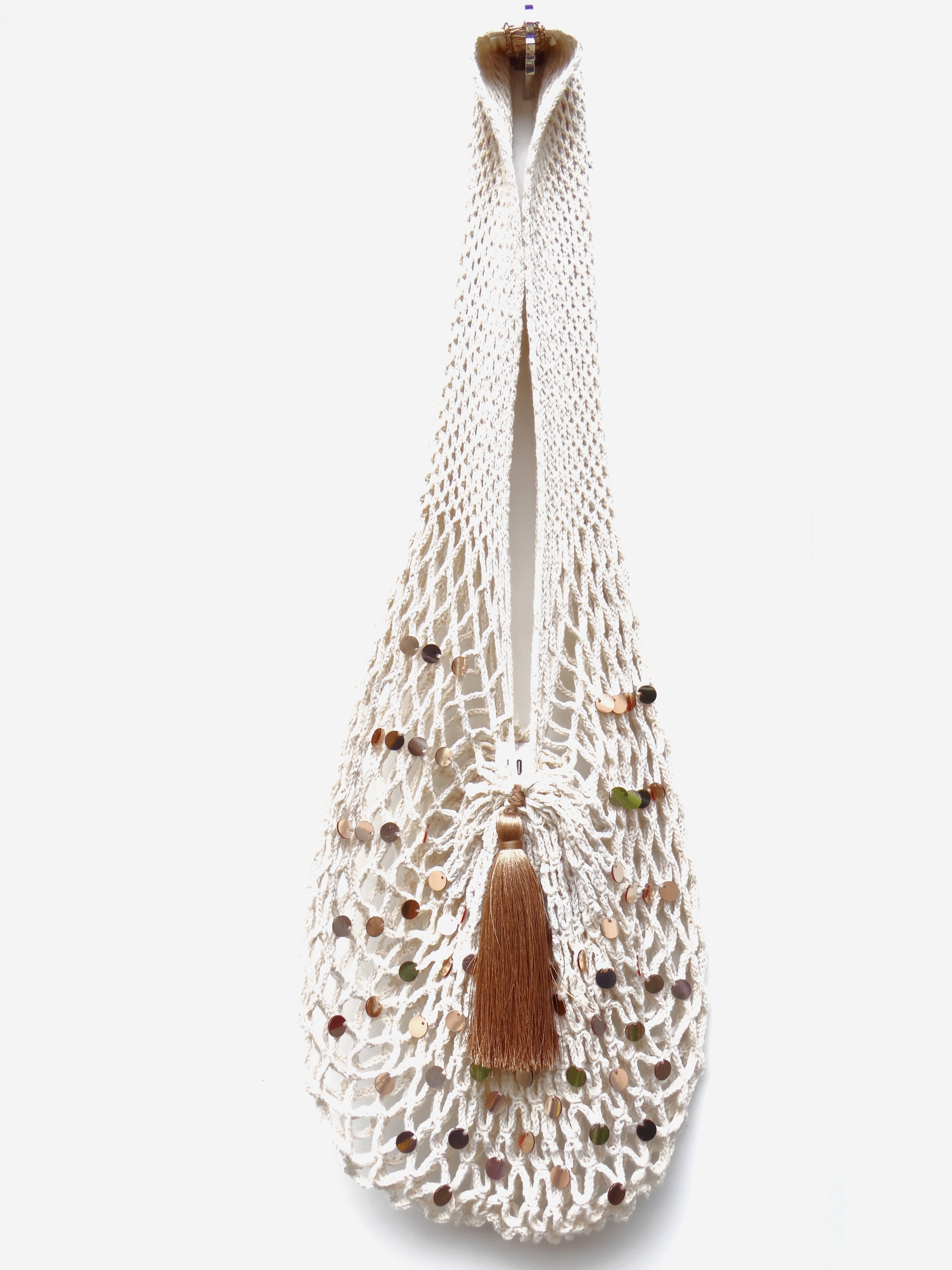 EUDORA handmade cotton net bag in natural cream color with a long handle, featuring a brown-bronze tassel and sequins.