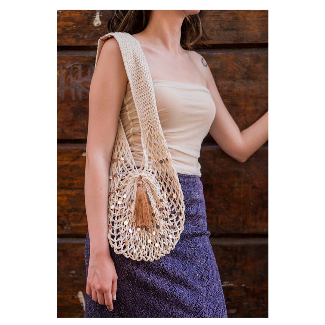 EUDORA handmade cotton net bag in natural cream color with a long handle, featuring a brown-bronze tassel and sequins.