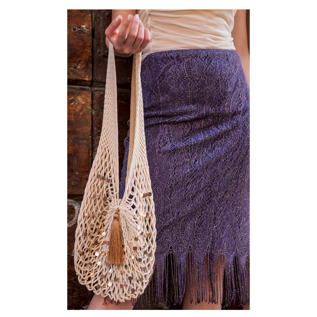 EUDORA handmade cotton net bag in natural cream color with a long handle, featuring a brown-bronze tassel and sequins.