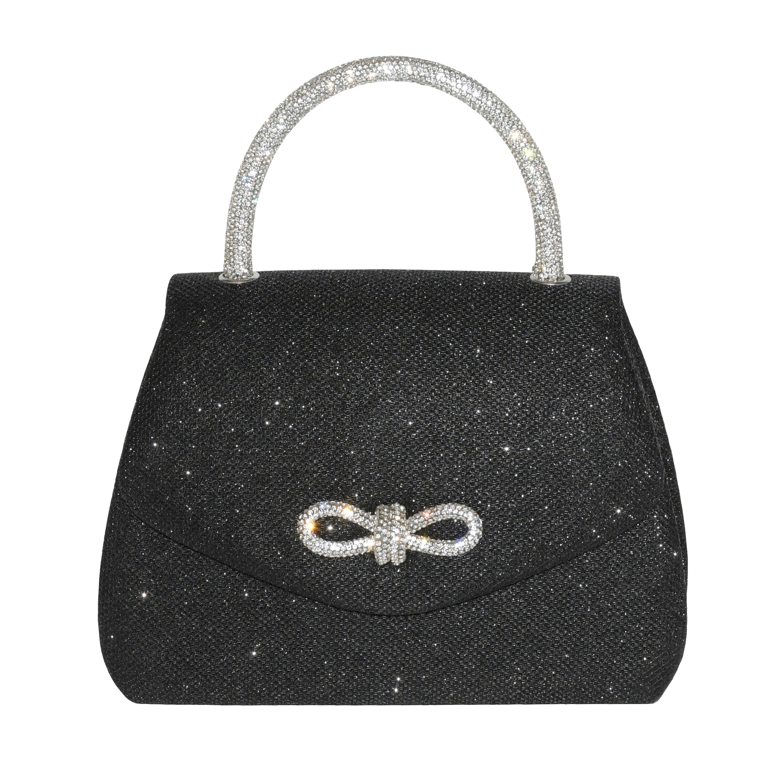 Elegant evening bag featuring a sparkling bow design and glitter handle, perfect for formal occasions.