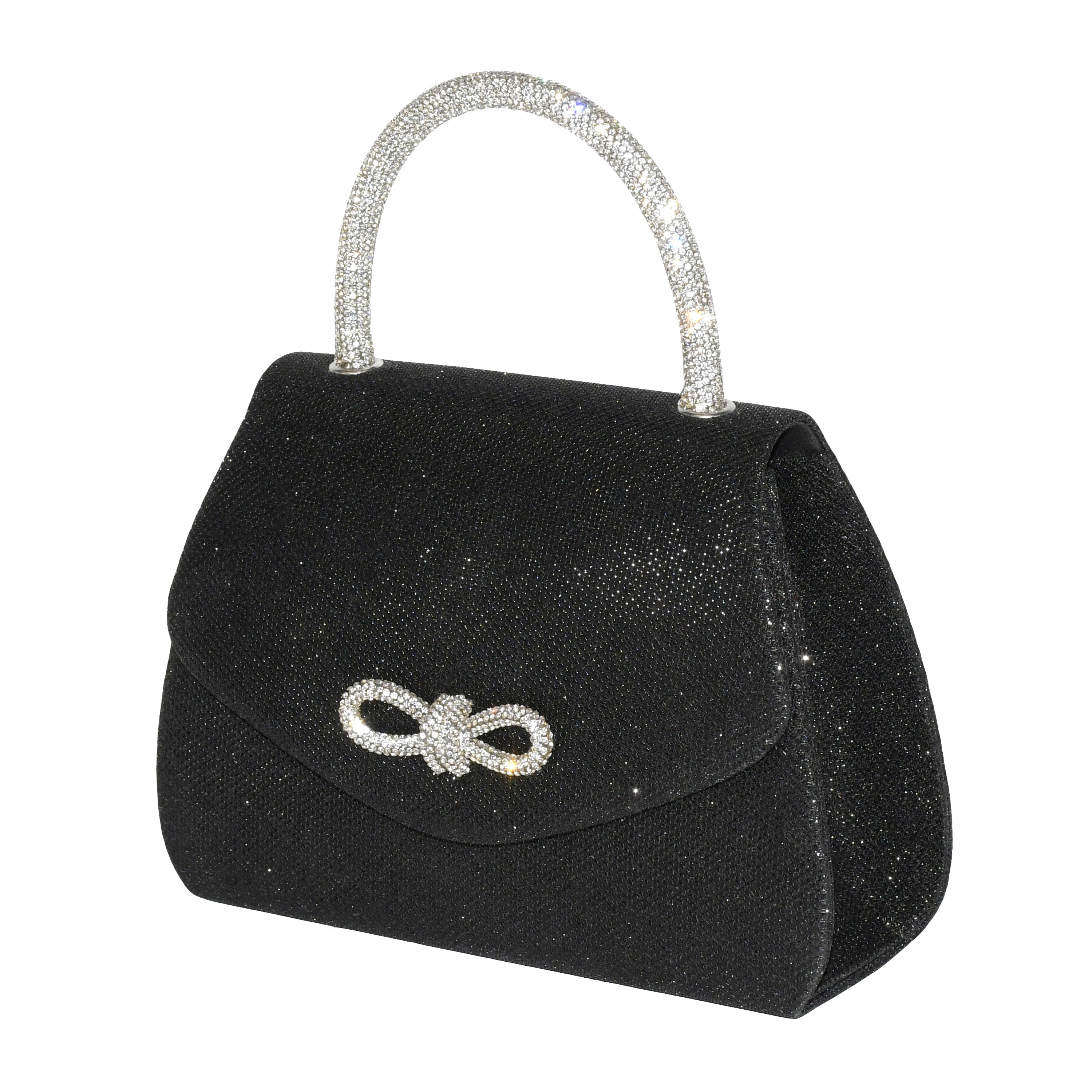 Elegant evening bag featuring a sparkling bow design and glitter handle, perfect for formal occasions.