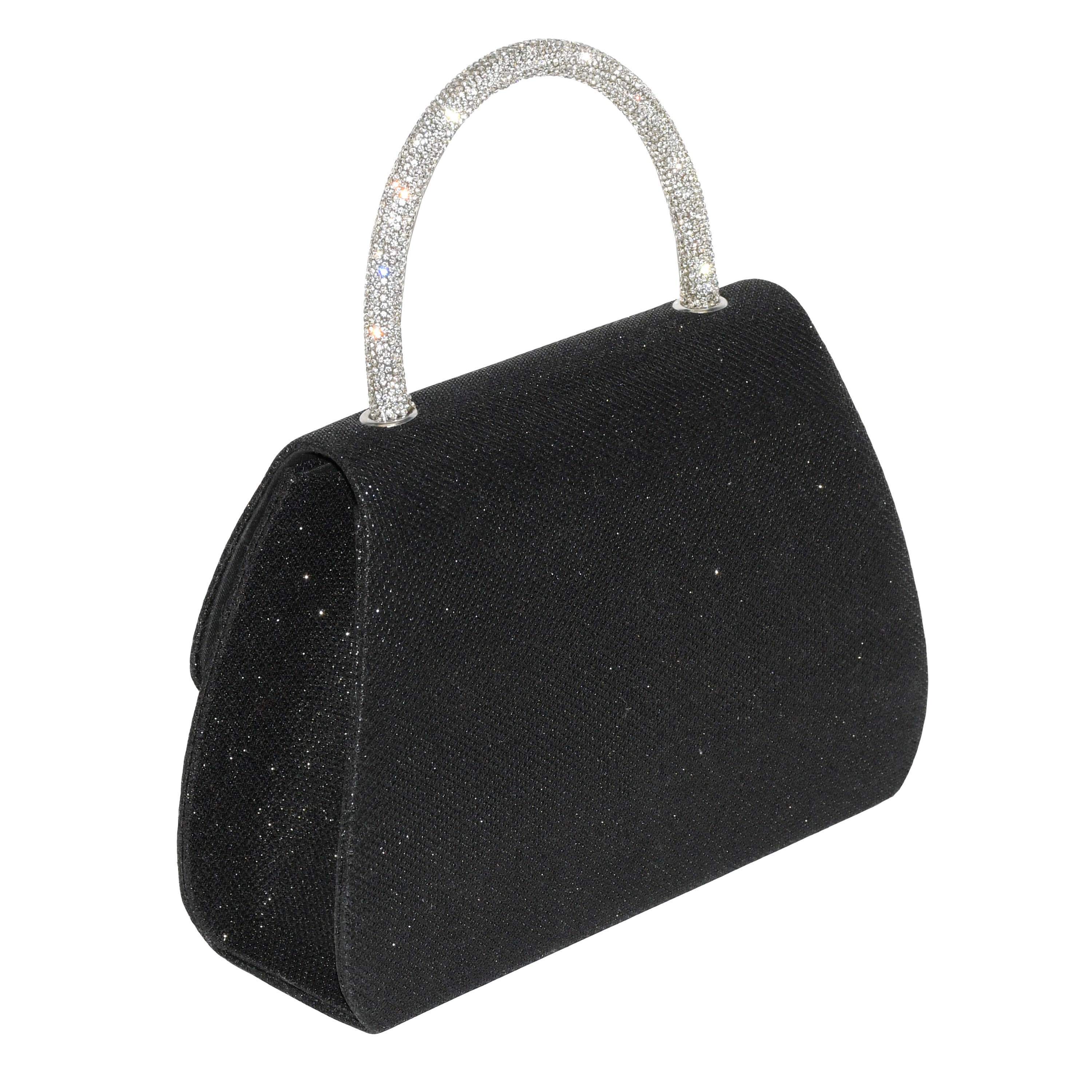 Elegant evening bag featuring a sparkling bow design and glitter handle, perfect for formal occasions.