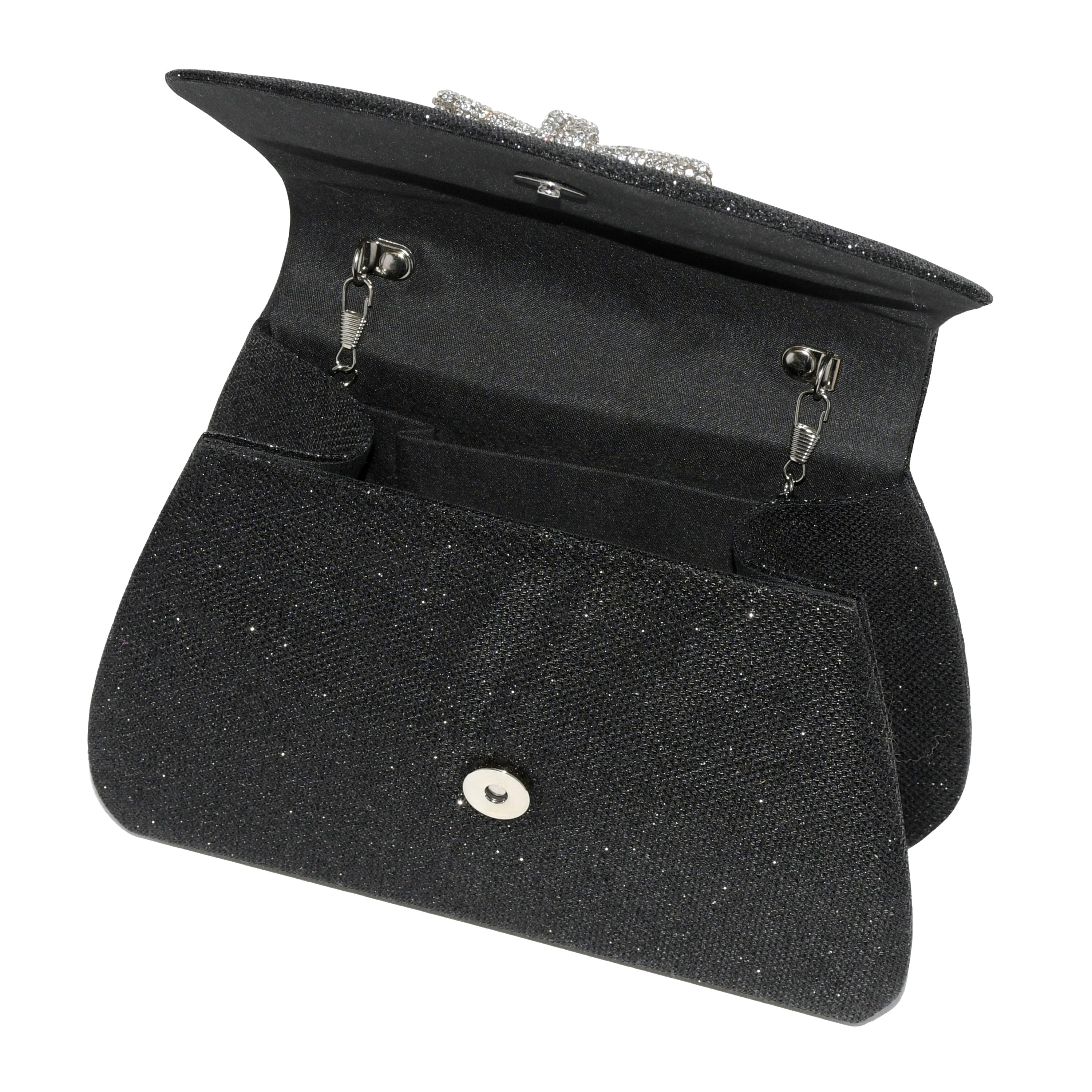 Elegant evening bag featuring a sparkling bow design and glitter handle, perfect for formal occasions.