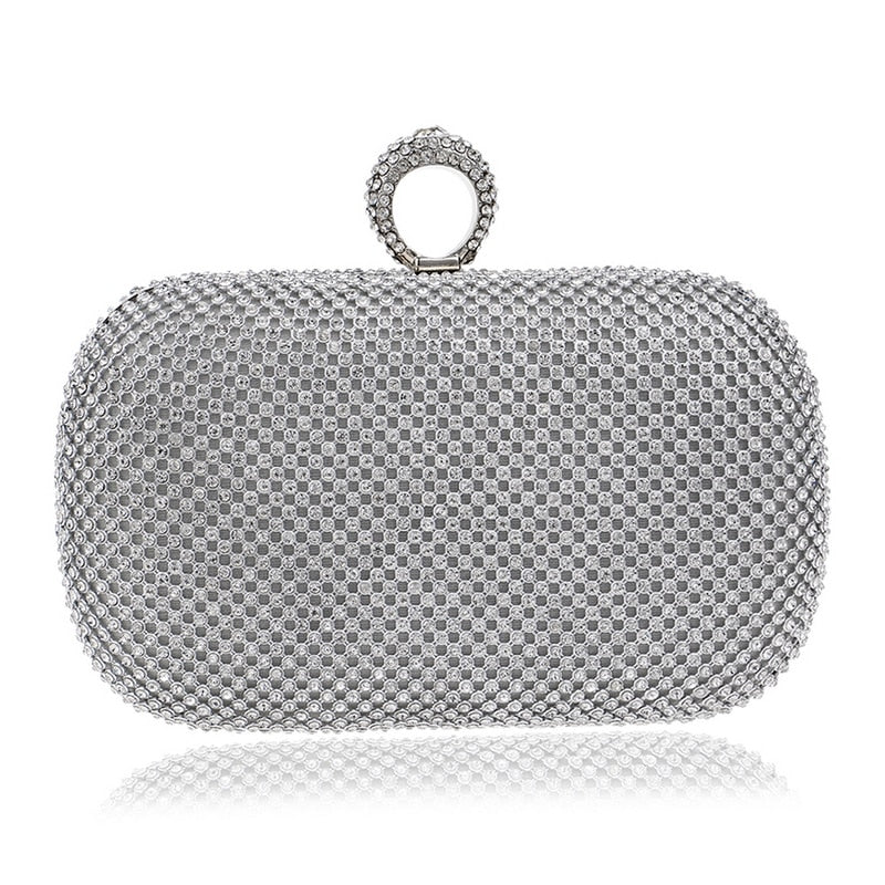 Elegant diamond-studded evening clutch bag with a chain shoulder strap, perfect for weddings and formal events.