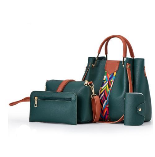 A stylish collection of four women's handbags in various colors and designs, showcasing their soft texture and practical features.