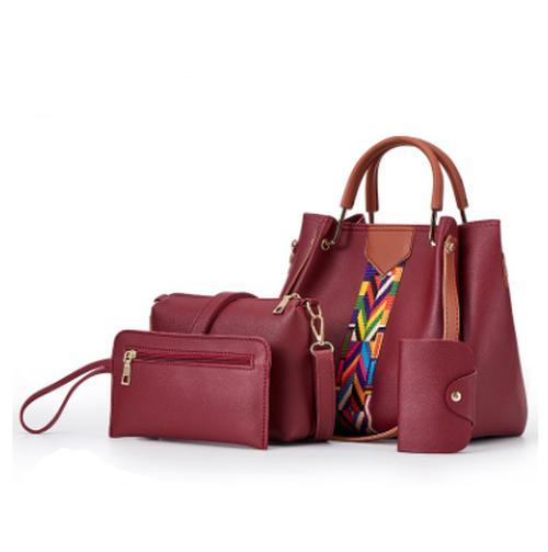 A stylish collection of four women's handbags in various colors and designs, showcasing their soft texture and practical features.