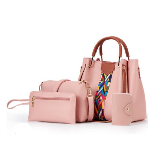 A stylish collection of four women's handbags in various colors and designs, showcasing their soft texture and practical features.