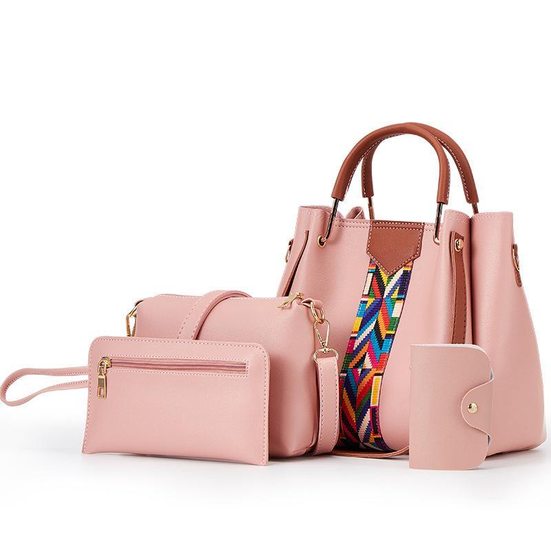 A stylish four-piece PU handbag set for women, featuring various sizes and compartments for organization.