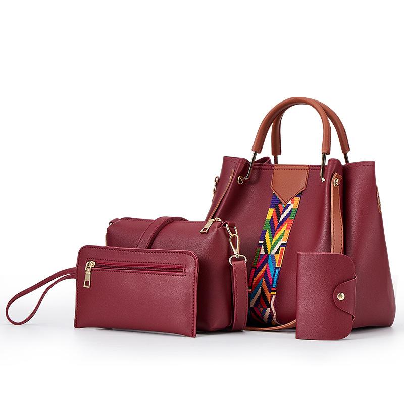 A stylish four-piece PU handbag set for women, featuring various sizes and compartments for organization.