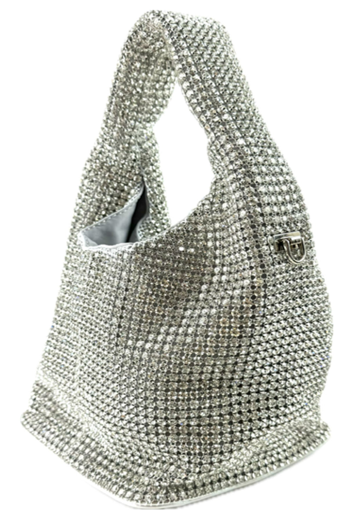 A glamorous Full Rhinestone Mini Bag featuring sparkling rhinestones, a magnet button closure, and a detachable long chain.