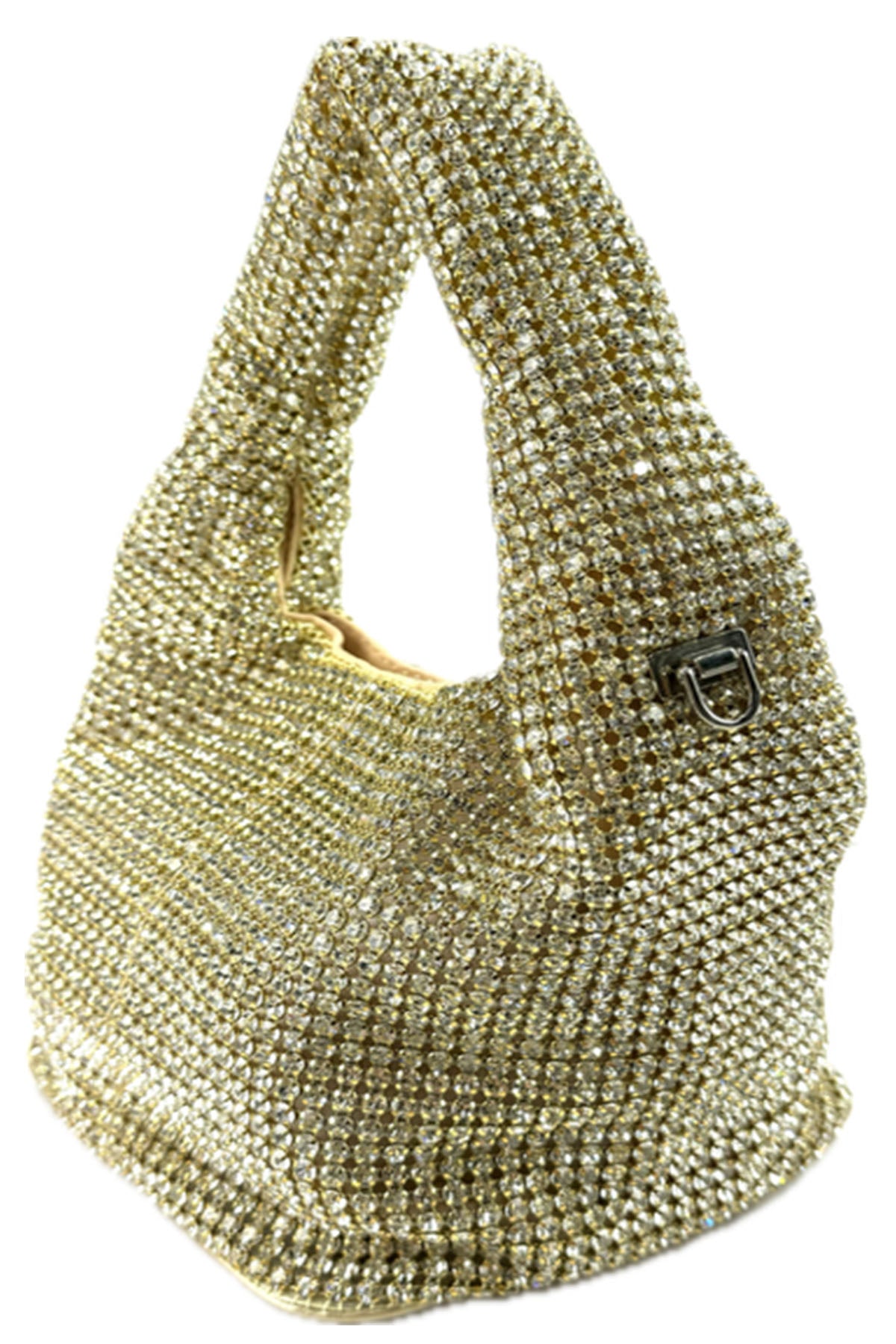 A glamorous Full Rhinestone Mini Bag featuring sparkling rhinestones, a magnet button closure, and a detachable long chain.