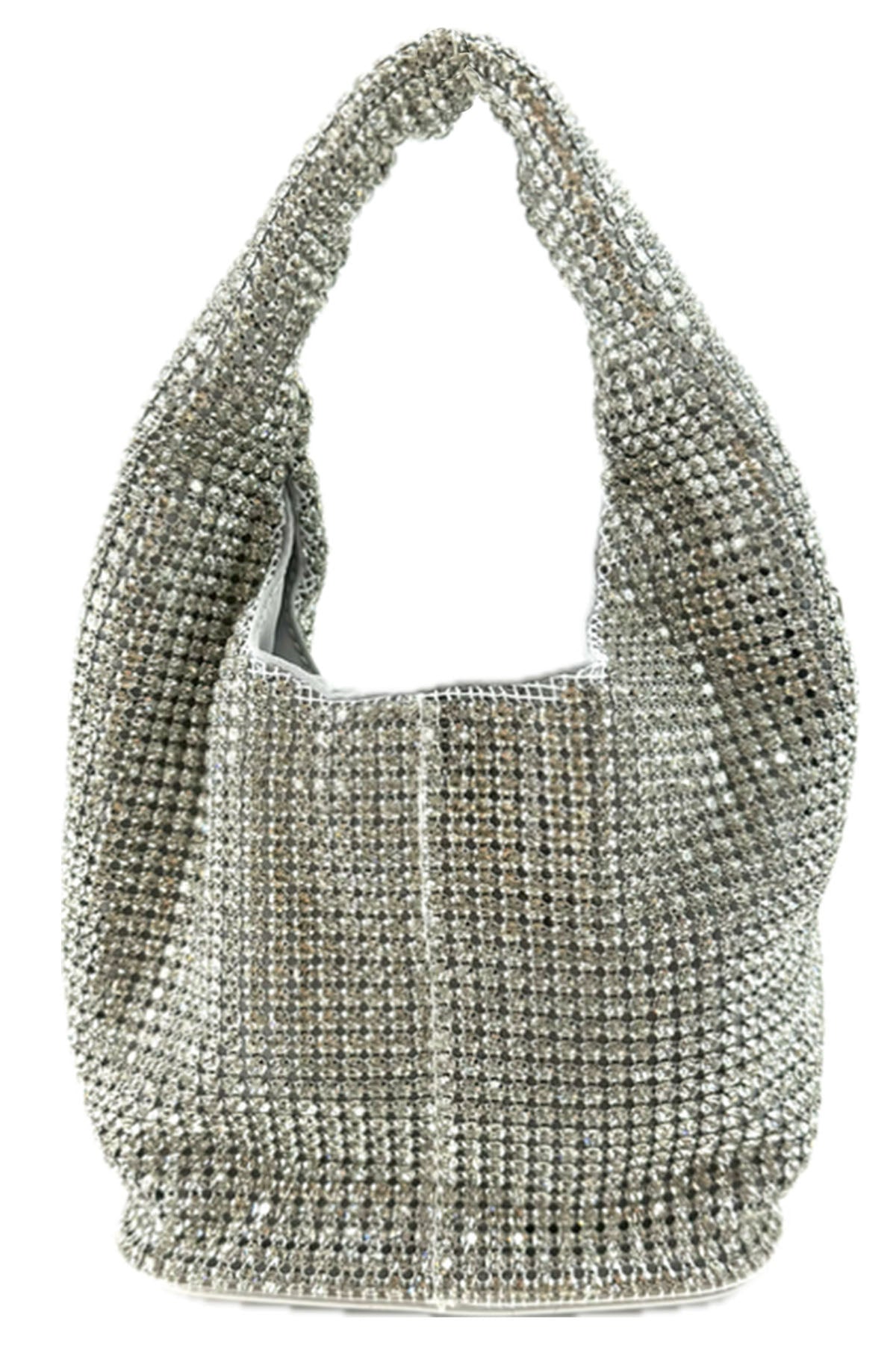 A glamorous Full Rhinestone Mini Bag featuring sparkling rhinestones, a magnet button closure, and a detachable long chain.