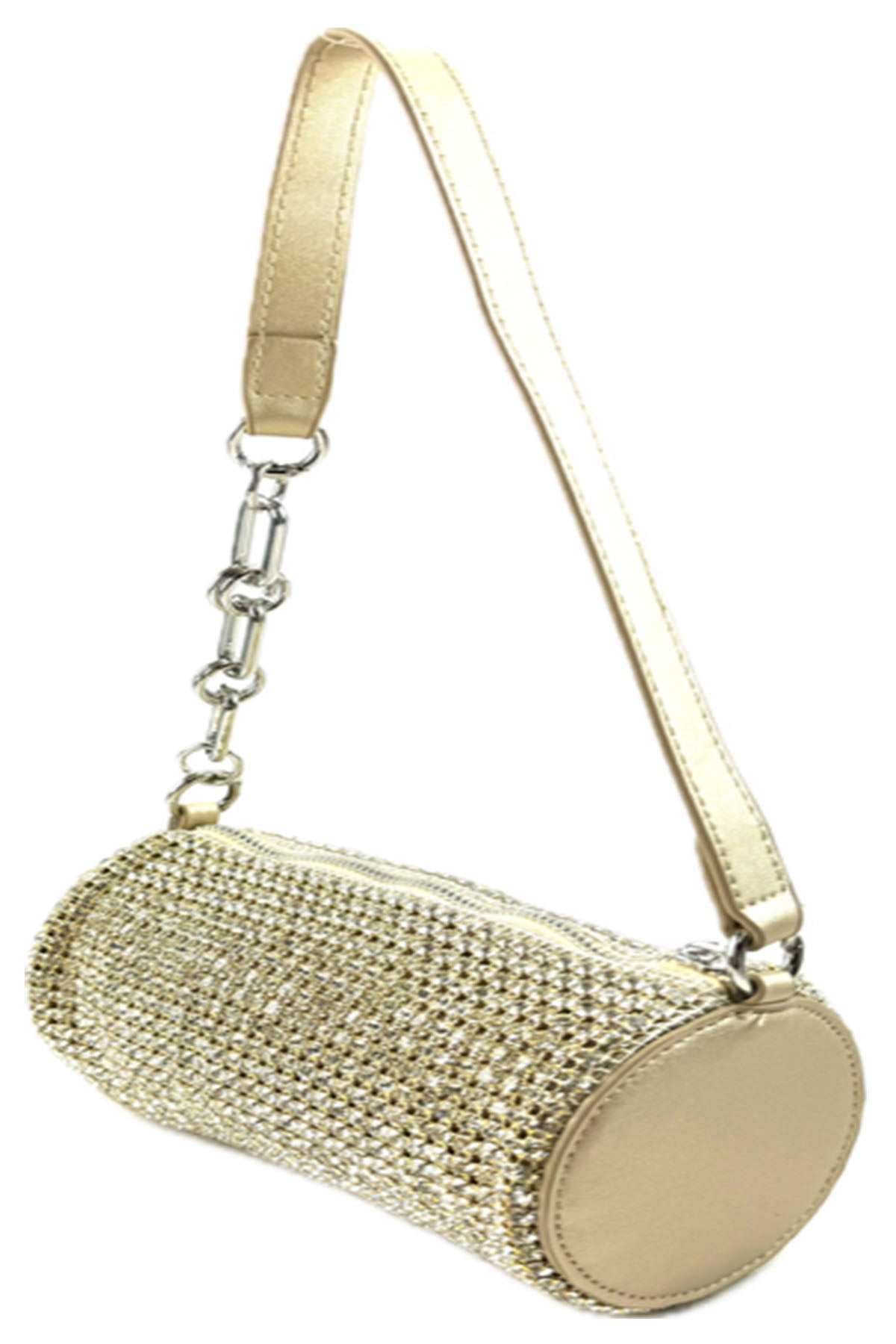 Full Rhinestone Cylinder Bucket Mini Bag with a shimmering rhinestone exterior and detachable chain strap.