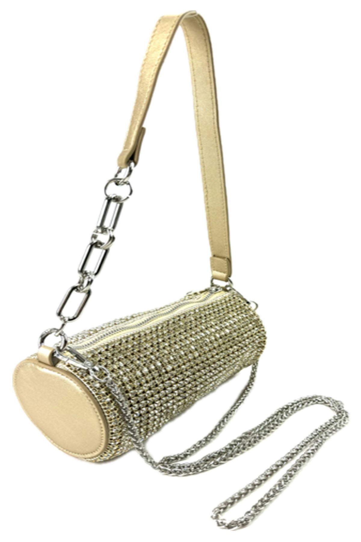 Full Rhinestone Cylinder Bucket Mini Bag with a shimmering rhinestone exterior and detachable chain strap.