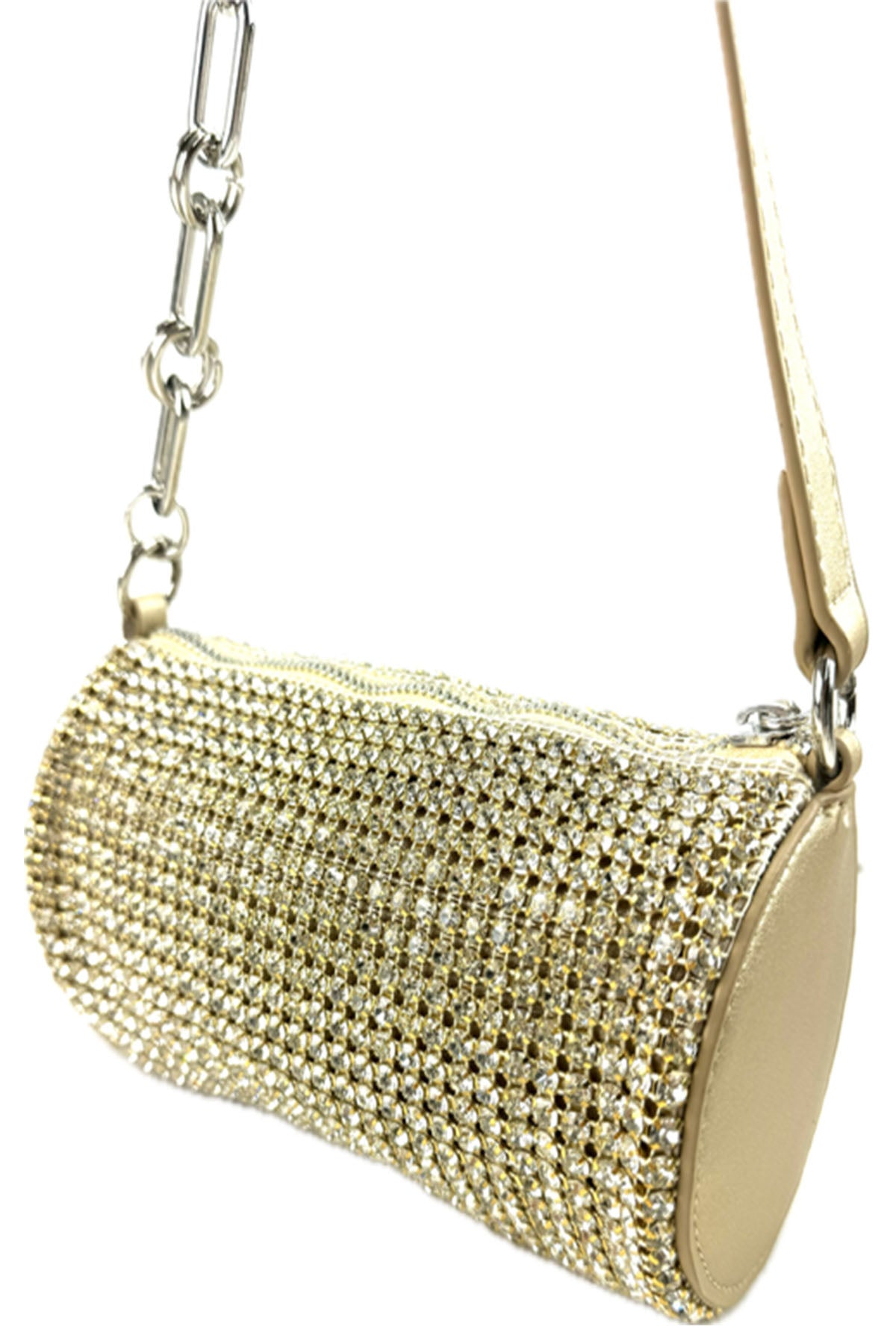 Full Rhinestone Cylinder Bucket Mini Bag with a shimmering rhinestone exterior and detachable chain strap.