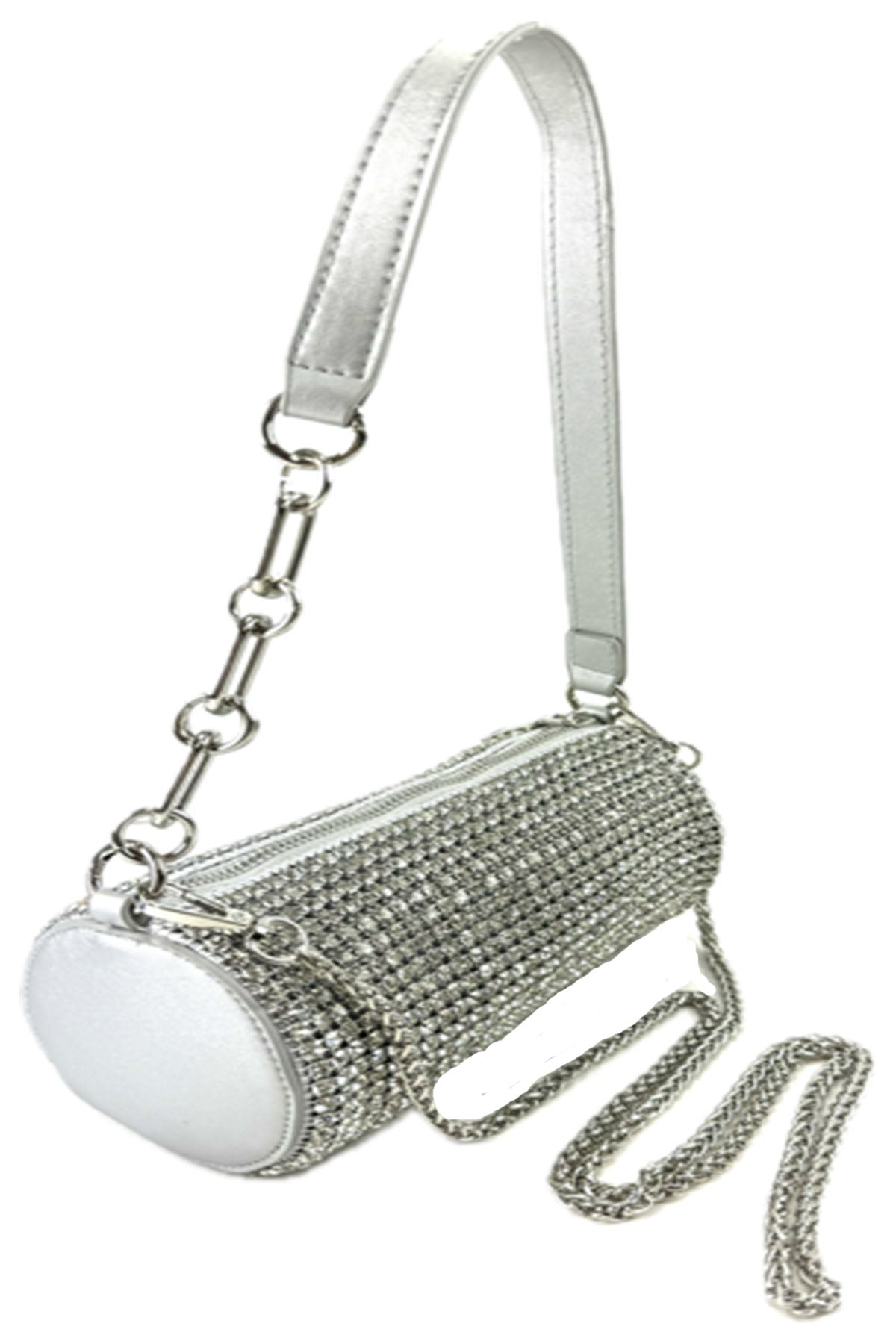 Full Rhinestone Cylinder Bucket Mini Bag with a shimmering rhinestone exterior and detachable chain strap.