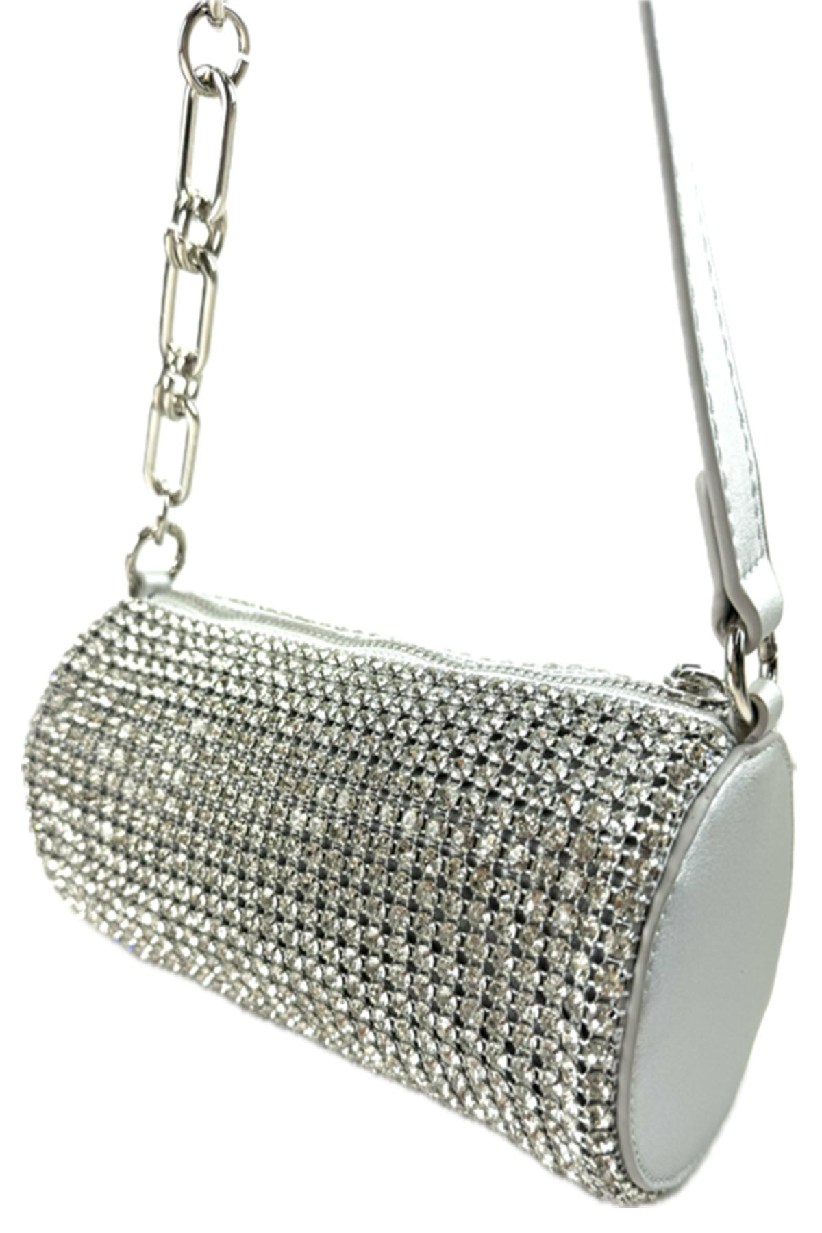 Full Rhinestone Cylinder Bucket Mini Bag with a shimmering rhinestone exterior and detachable chain strap.