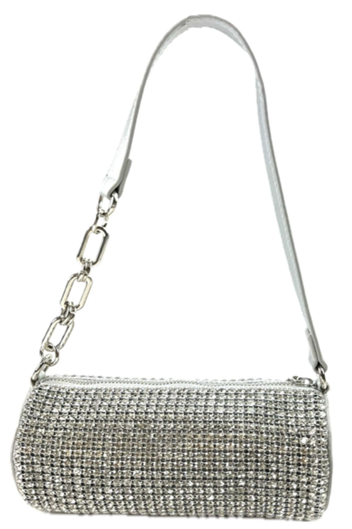 Full Rhinestone Cylinder Bucket Mini Bag with a shimmering rhinestone exterior and detachable chain strap.