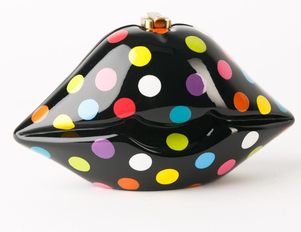 Gaga Mini Lips handbag featuring vibrant multi-color fashion dots and red lips detail, with a black comfy cord for easy carrying.