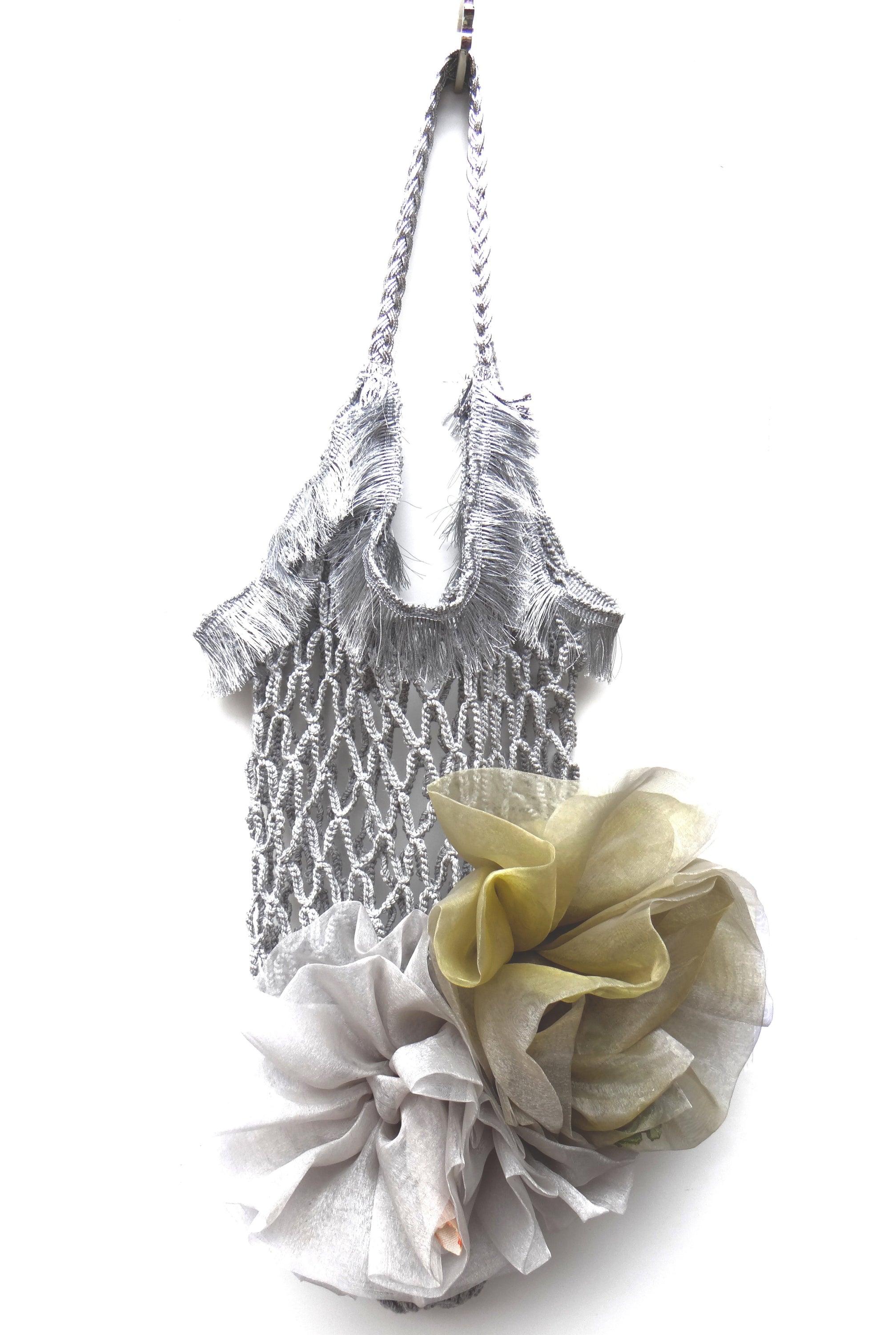 GLAUKE handmade grey string bag with silver fringes and chiffon roses.