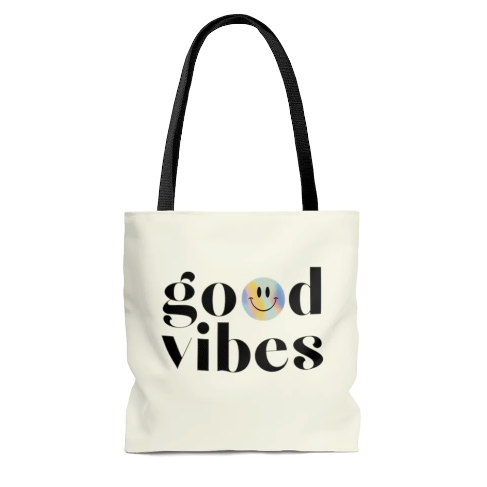 Good Vibes Beach Shopper Tote Bag in medium size with black cotton handles and stylish design, perfect for beach outings and shopping.