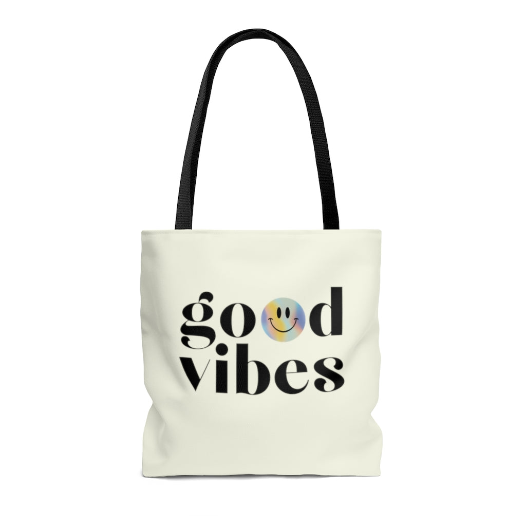 Good Vibes Beach Shopper Tote Bag in medium size with black cotton handles and stylish design, perfect for beach outings and shopping.