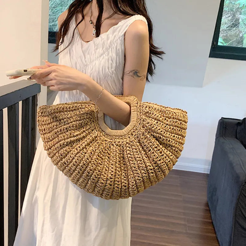 Half Moon Design Basket Beach Straw Bag, stylish and versatile for women, made from high-quality straw material.