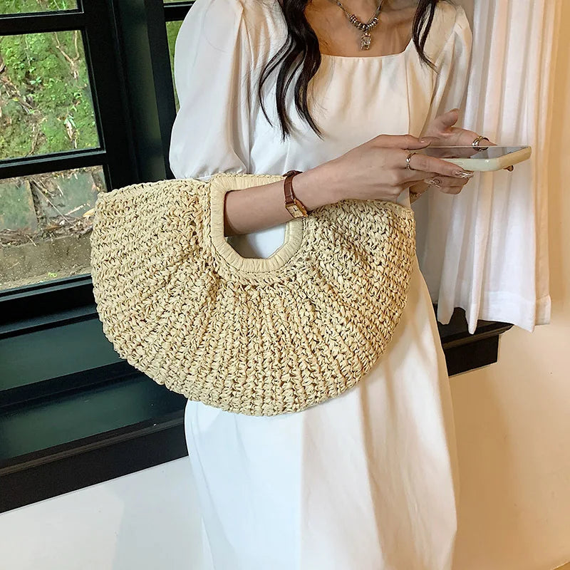 Half Moon Design Basket Beach Straw Bag, stylish and versatile for women, made from high-quality straw material.